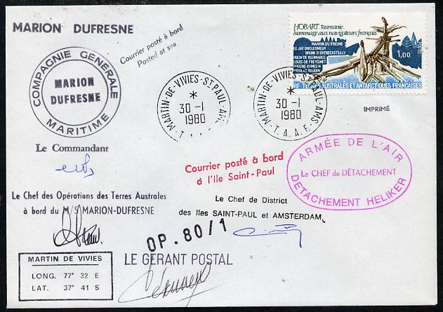 French Southern & Antarctic Territories 1980 cover bearing Navigators stamp (SG 127) with Martin de Vivies cancel, various cachets incl Posted at Sea, Compagnie Generale Maritime & Marion Dufresne and signed by 4 appropriate Officials, stamps on explorers, stamps on polar