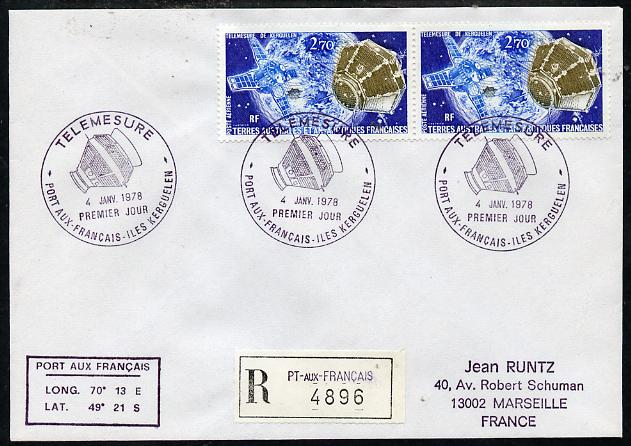 French Southern & Antarctic Territories 1978 Registered cover to France bearing 2 x 2f70 Satellite Stamps (SG 120) with Telemesure Port Aux Francais pictorial cancel, stamps on space, stamps on communications