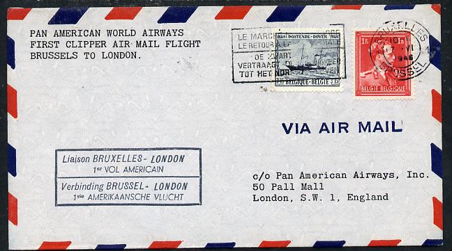 Belgium 1946 Pan American Airways First Clipper Air Mail Flight cover to England with special 'Brussels to London' Cachet and bearing Paddle Steamer stamp (SG 1176), stamps on aviation    ships
