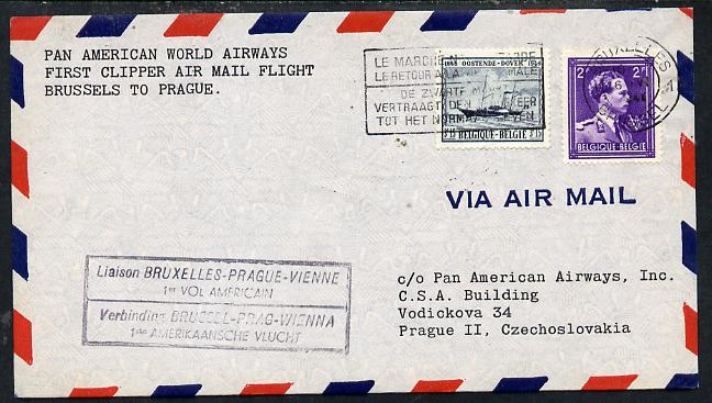 Belgium 1946 Pan American Airways First Clipper Air Mail Flight cover to Czechoslovakia with special 'Brussels to Prague' Cachet and bearing Paddle Steamer stamp (SG 1176), stamps on aviation    ships