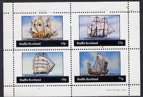 Staffa 1981 Sailing Ships (Golden Hind, Endeavour, Cutty Sark & Junk) perf  set of 4 values (10p to 75p) unmounted mint, stamps on ships, stamps on cook, stamps on drinks, stamps on yachts, stamps on sailing, stamps on  tea , stamps on drake
