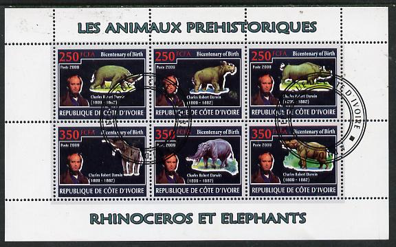 Ivory Coast 2009 Charles Darwin - Prehistoric Animals perf sheetlet containing 6 values fine cto used, stamps on , stamps on personalities, stamps on science, stamps on dinosaurs, stamps on darwin
