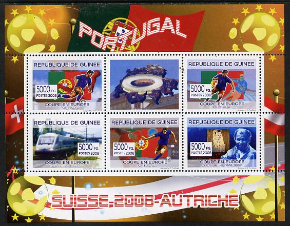 Guinea - Conakry 2008 European Football Championship - Portugal perf sheetlet containing 5 values plus label unmounted mint, stamps on football, stamps on railways, stamps on arts