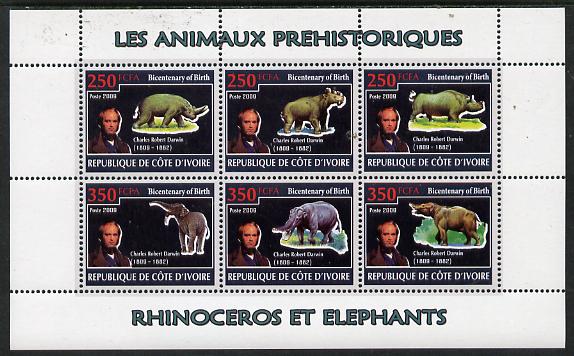 Ivory Coast 2009 Charles Darwin - Prehistoric Animals perf sheetlet containing 6 values unmounted mint, stamps on , stamps on personalities, stamps on science, stamps on dinosaurs, stamps on darwin