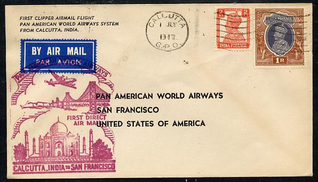India 1947 Pan American Airways First Clipper Air Mail Flight cover to USA with special 'Calcutta to San Francisco' Illustrated Cachet (Golden Gate Bridge & Taj Mahal) in red bearing KG6 2as & 1r, stamps on , stamps on  stamps on aviation, stamps on  kg6 , stamps on bridges, stamps on civil engineering, stamps on buildings