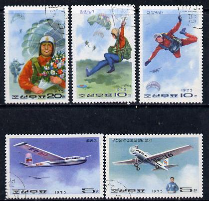 North Korea 1975 National Defence perf set of 5 (Aircraft & Parachutes) fine cto used SG N1440-44, stamps on aviation, stamps on parachutes, stamps on gliders