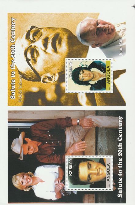 Angola 2002 uncut proof pair of perforated m/sheets (Elvis, Yukawa & Pope John Paul) unmounted mint. Note this item is privately produced and is offered purely on its thematic appeal  (overall size 230 x 155 mm)                                                                                                                                                                                                                                                                                                                                                                                                                                                                                                                                                                                                                                                                                                                                                                                                                                                                                                  , stamps on elvis, stamps on pope