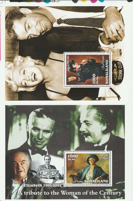 Somaliland 2002 uncut proof pair of perforated m/sheets (Elvis, Walt Disney, Queen Mother & Marilyn) unmounted mint. Note this item is privately produced and is offered purely on its thematic appeal  (overall size approx 230 x 155 mm)  This item has no postal validity                                                                                                                                                                                                                                                                                                                                                                                                                                                                                                                                                                                                                                                                                                                                                                                                                                                                                               , stamps on elvis, stamps on disney, stamps on royalty, stamps on  marilyn