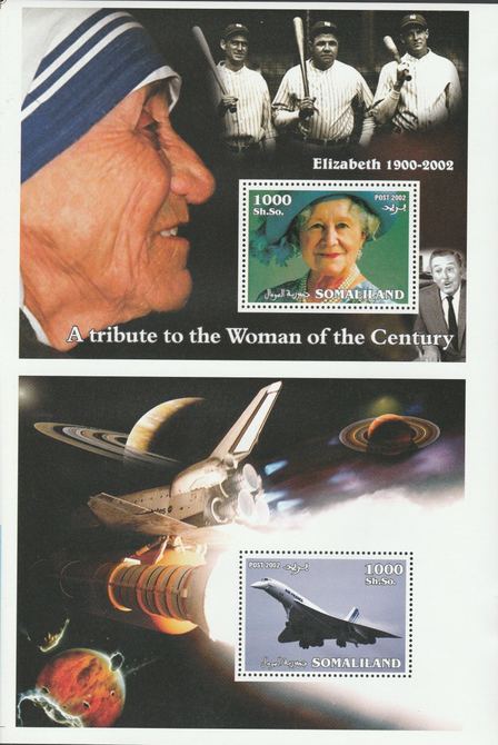 Somaliland 2002 uncut proof pair of perforated m/sheets (Mother Teresa, Baseball, Space, Concorde & Queen Mother) unmounted mint. Note this item is privately produced and is offered purely on its thematic appeal  (overall size 230 x 155 mm)                                                                                                                                                                                                                                                                                                                                                                                                                                                                                                                                                                                                                                                                                                                                                                                                                                                                                                  , stamps on , stamps on royalty, stamps on baseball, stamps on concorde, stamps on space, stamps on teresa