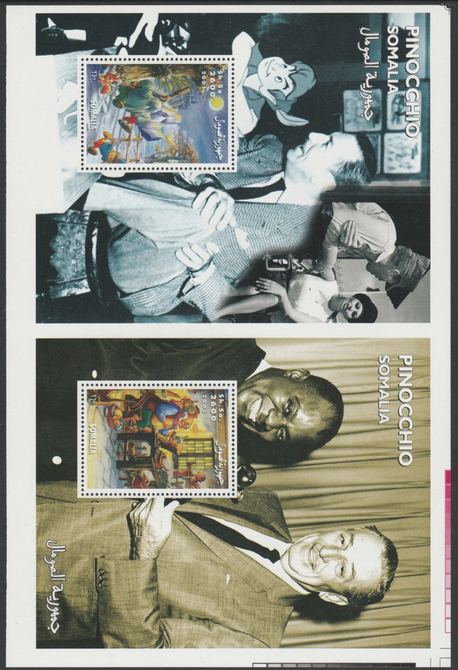 Somalia 2001 uncut proof pair of perforated m/sheets (Walt Disney, Pinocchio & Louis Armstrong) unmounted mint. Note this item is privately produced and is offered purely..., stamps on disney, stamps on jazz