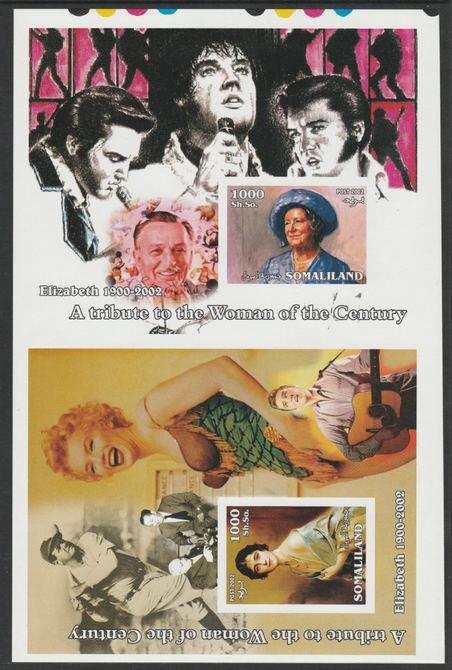 Somaliland 2002 uncut proof pair of imperf m/sheets (Elvis, Baseball, Marilyn, Walt Disney & Queen Mother) unmounted mint. Note this item is privately produced and is off..., stamps on , stamps on royalty, stamps on baseball, stamps on disney, stamps on queen mother, stamps on elvis, stamps on marilyn