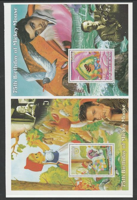 Benin 2003 uncut proof pair of perforated m/sheets (Walt Disney, Mickey Mouse & Elvis) unmounted mint. Note this item is privately produced and is offered purely on its thematic appeal  (overall size 230 x 155 mm)                                                                                                                                                                                                                                                                                                                                                                                                                                                                                                                                                                                                                                                                                                                                                                                                                                                                                                  , stamps on elvis, stamps on disney, stamps on mickey mouse, stamps on 