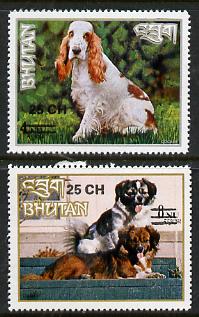 Bhutan 1978 Dogs (2 vals) from Prov Surcharge set of 26 of which only 2,600 sets were issued, unmounted mint SG 392-93, Mi 691-92*, stamps on animals    dogs    damci    cocker spaniel