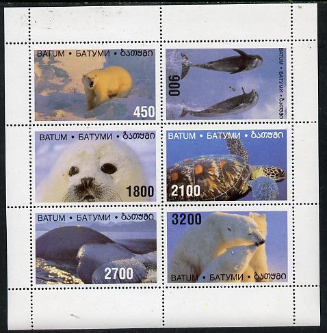 Batum 1996 Polar Animals perf sheetlet containing 6 values, unmounted mint, stamps on animals, stamps on polar, stamps on whales, stamps on bears, stamps on seals, stamps on turtles