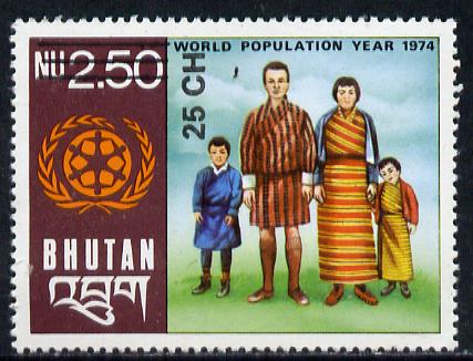 Bhutan 1978 World Population Control (25ch on 2n50) from Prov Surcharge set of 26 of which only 2,600 sets were issued, unmounted mint SG 399, Mi 694*, stamps on population, stamps on environment, stamps on census