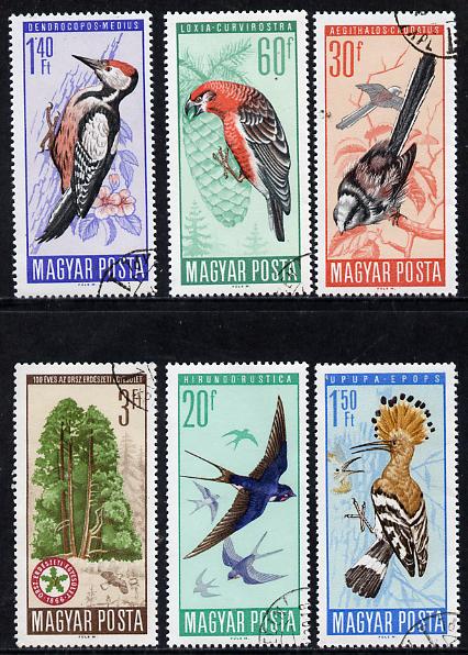 Hungary 1966 Protection of Birds cto used set of 6, SG 2184-89, stamps on birds    trees     woodpecker     hoopoe    swallow    tit    crossbill    lapwing