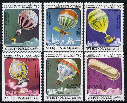 Vietnam 1983 Bicentenary of Manned Flight (Balloons) cto used short set of 6, SG 544-49, stamps on aviation    balloons