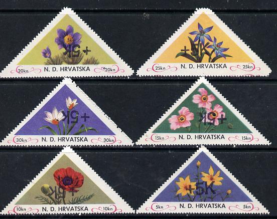 Croatia 1951 Flowers triangular perf set of 6 surcharged +5k in black unmounted mint, stamps on flowers     triangulars