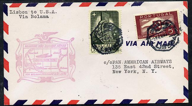 Portugal 1941 Pan American Airways First Clipper Air Mail Flight cover to USA with special Lisbon to New York Illustrated Cachet (Map of Route & Clipper) , stamps on aviation