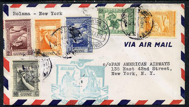 Portugal 1941 Pan American Airways First Clipper Air Mail Flight cover to USA with special 'Bolama to New York' Illustrated Cachet (Statue of Liberty), stamps on aviation       civil engineering    statues   americana