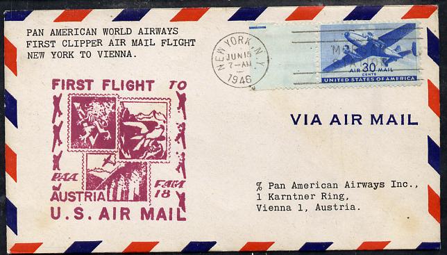 United States 1946 Pan American Airways First Clipper Air Mail Flight cover to Austria (Vienna) with special illustrated (Stamps) Cachet and bearing 30c Airmail adhesive, stamps on aviation      stamp on stamp      postal, stamps on stamponstamp