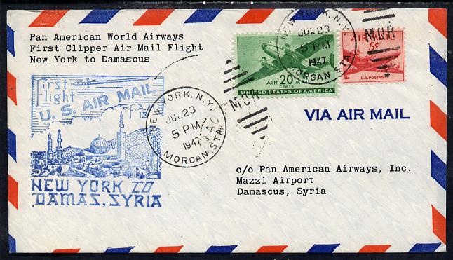 United States 1946 Pan American Airways First Clipper Air Mail Flight cover to Syria (Damascus) with special illustrated Cachet and bearing 20c & 5c Airmail adhesives, stamps on aviation