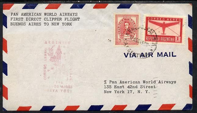 Argentine Republic 1946 Pan American Airways First Clipper Air Mail Flight cover Buenos Aires to New York with special illustrated Cachet, stamps on aviation