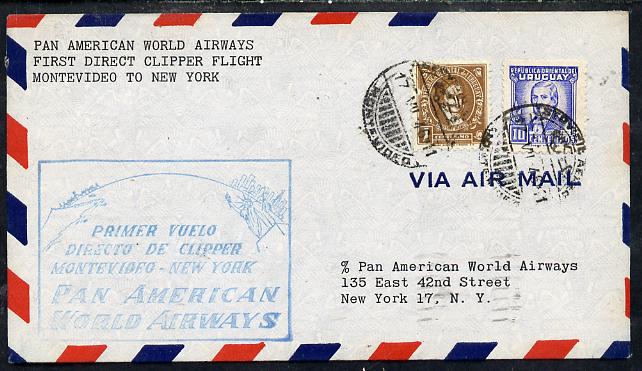 Uruguay 1946 Pan American Airways First Clipper Air Mail Flight cover Montevideo to New York with special illustrated Cachet, stamps on aviation