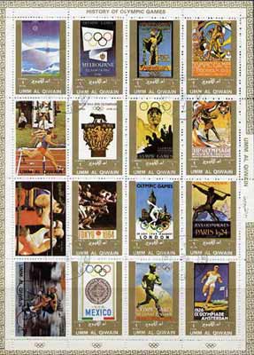 Umm Al Qiwain 1972 History of Olympics sheetlet containing 16 values cto used (Mi 1098-1113A), stamps on sport, stamps on running, stamps on discus, stamps on boxing, stamps on ancient greece, stamps on javelin     bicycles   olympics