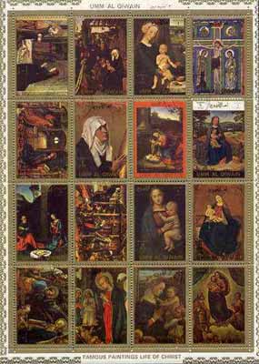 Umm Al Qiwain 1972 Paintings (Life of Christ #2) sheetlet containing 16 values cto used (Mi 1162-77A), stamps on arts  religion