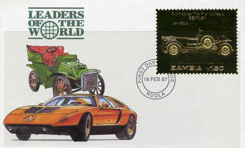Zambia 1987 Classic Cars 1k50 Bentley in 22k gold foil on cover with first day of issue cancel, limited edition and very elusive, stamps on cars    bentley
