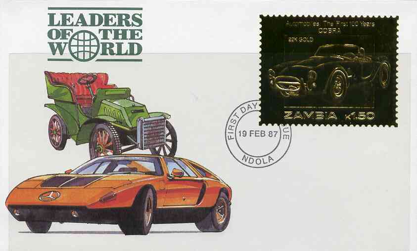 Zambia 1987 Classic Cars 1k50 Cobra in 22k gold foil on cover with first day of issue cancel, limited edition and very elusive, stamps on cars     cobra