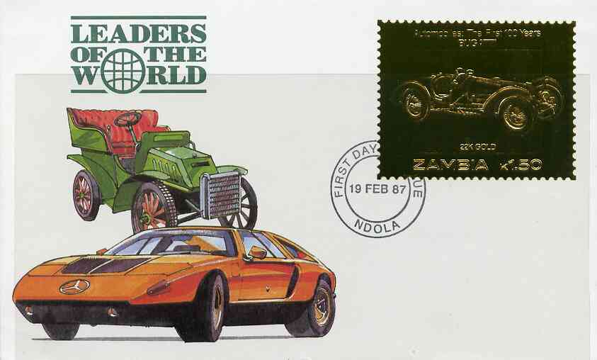 Zambia 1987 Classic Cars 1k50 Bugatti in 22k gold foil on cover with first day of issue cancel, limited edition and very elusive, stamps on , stamps on  stamps on cars      bugatti