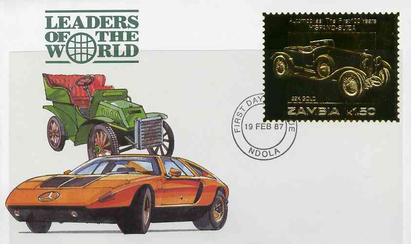Zambia 1987 Classic Cars 1k50 Hispano-Suiza in 22k gold foil on cover with first day of issue cancel, limited edition and very elusive, stamps on cars        hispano suiza