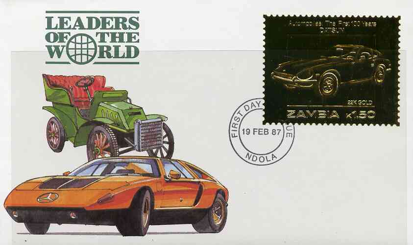 Zambia 1987 Classic Cars 1k50 Datsun in 22k gold foil on cover with first day of issue cancel, limited edition and very elusive, stamps on cars     datsun
