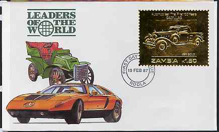 Zambia 1987 Classic Cars 1k50 Cadillac in 22k gold foil on cover with first day of issue cancel, limited edition and very elusive, stamps on cars     cadillac