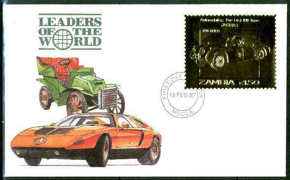 Zambia 1987 Classic Cars 1k50 Jaguar in 22k gold foil on cover with first day of issue cancel, limited edition and very elusive, stamps on cars     jaguar