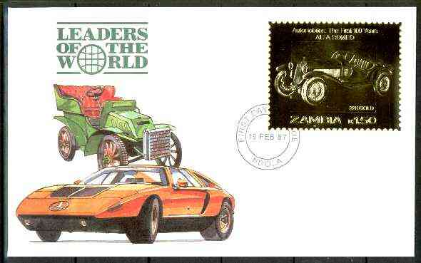 Zambia 1987 Classic Cars 1k50 Alfa Romeo in 22k gold foil on cover with first day of issue cancel, limited edition and very elusive, stamps on , stamps on  stamps on cars    alfa romeo