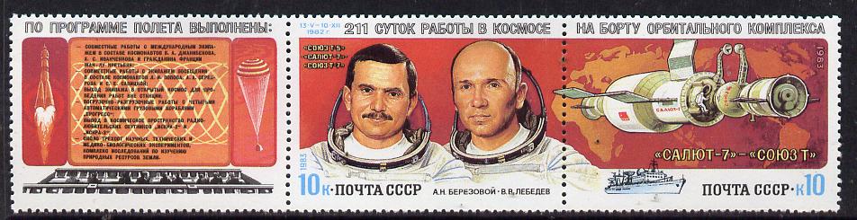 Russia 1983 Berezovoi & Lebedev 211 Days in Space set of 2 plus label unmounted mint, SG 5320-21, Mi 5267-68, stamps on space, stamps on parachutes