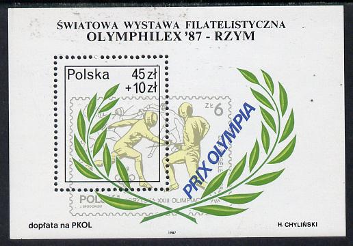 Poland 1987 Olymphilex 87 (Olympic Stamp Exhibition) m/sheet (Fencing) unmounted mint SG MS 3125, Mi BL 104, stamps on sport    olympics    fencing, stamps on stamp exhibitions      stamp on stamp, stamps on stamponstamp