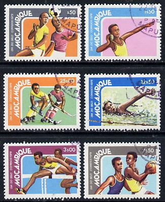 Mozambique 1978 Stamp Day (Sports) set of 6 cto used, SG 729-34*, stamps on sport   football    shot    hurdles    basketball     postal      swimming    skating    roller-skate hockey