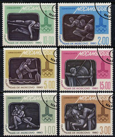 Mozambique 1979 Olympic Games set of 6 cto used, SG 747-52*, stamps on sport   olympics    wrestling     running     horse-jumping      canoeing      high jump     archery, stamps on horses