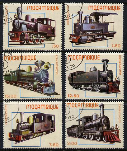 Mozambique 1979 Early Locomotives set of 6 cto used, SG 779-84*, stamps on railways