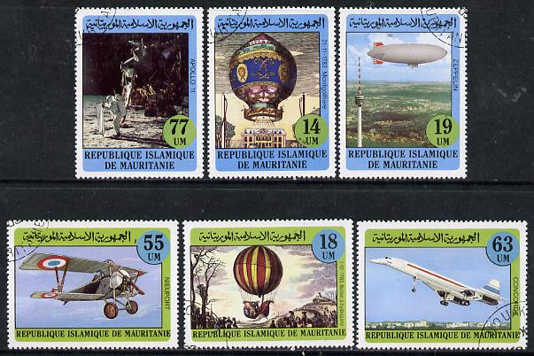 Mauritania 1983 Bicentenary of Manned Flight set of 6 cto used, SG 752-57*, stamps on aviation, stamps on balloons, stamps on airships, stamps on zeppelins, stamps on apollo, stamps on concorde    
