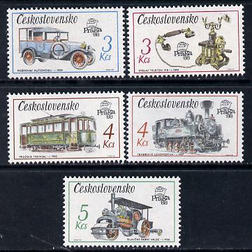 Czechoslovakia 1987 'Praga 88' Stamp Exhibition (2nd Issue - Communications) set of 5 unmounted mint (SG 2880-84) Mi 2911-15, stamps on , stamps on  stamps on railways    telephones    transport     exhibitions   postal       stamp exhibitions    communications