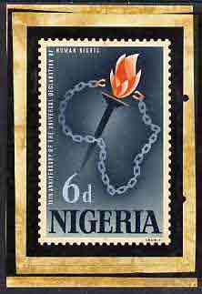 Nigeria 1963 Human Rights - original hand-painted artwork for 6d value by M Shamir (Chains forming outline Map of Africa with symbolic Torch) on card 4 x 6 with overlay, stamps on maps    human-rights