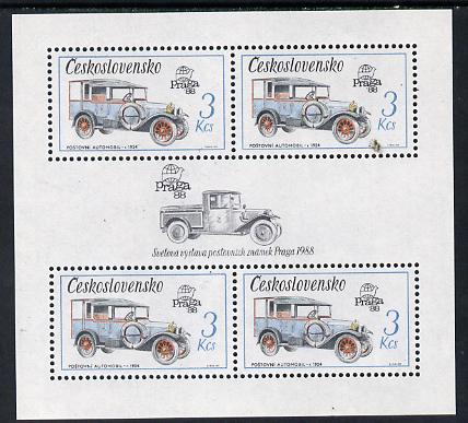 Czechoslovakia 1987 'Praga 88' 3kcs Mail van in sheetlet of 4 with decorative gutter unmounted mint (as SG 2881), stamps on postal  transport, stamps on stamp exhibitions