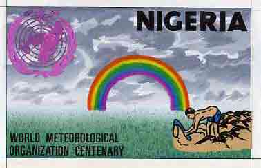 Nigeria 1973 IMO - WMO Centenary - original hand-painted artwork for 30k value (Tree Planting & Rainbow) by unknown artist on card 10 x 6 , stamps on weather     rainbow