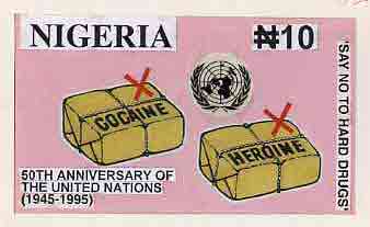 Nigeria 1995 50th Anniversary of United Nations - original hand-painted artwork for N10 value (Say No To Hard Drugs) on board 8.5 x 5 endorsed D2, stamps on united-nations     drugs