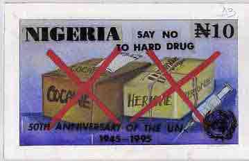 Nigeria 1995 50th Anniversary of United Nations - original hand-painted artwork for N10 value by Remi Adeyemi (Say No To Hard Drugs) on board 8.5 x 5 endorsed D3, stamps on united-nations     drugs